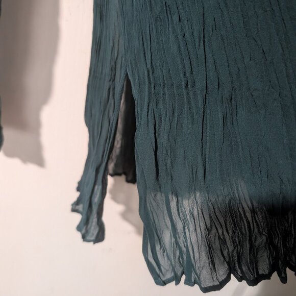 Eileen Fisher | Crinkled Sheer Silk Georgette Bateau Neck Long Top Aegean Green - Picture 10 of 12